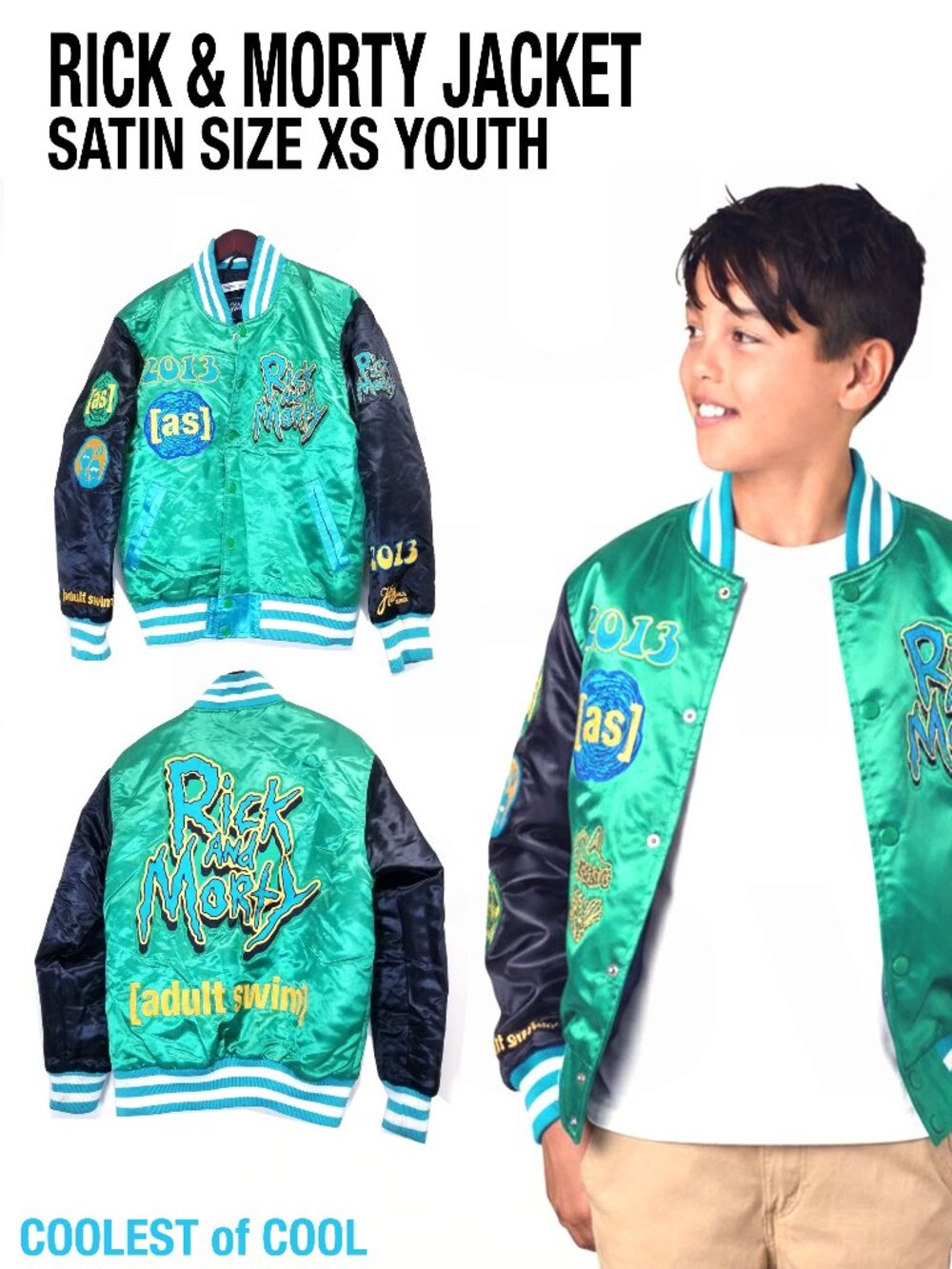 Rick & Morty Headgear Classics Green Adult Swim Satin Jacket Youth Size XS